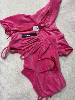 BUNDLE Fashion Nova Hot Pink Velour Hooded Romper + Shorts